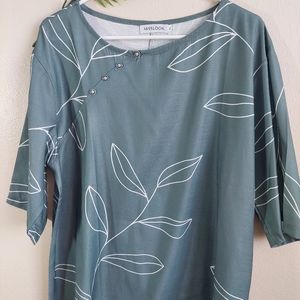 Sage green with white leaf outlines Misslook XL cotton blend blouse